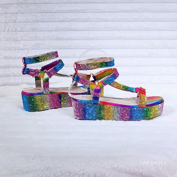 Pazzle Shoes - 2" Platform Rainbow Rhinestone Comfy Dazzling Harness Sandals Mia
